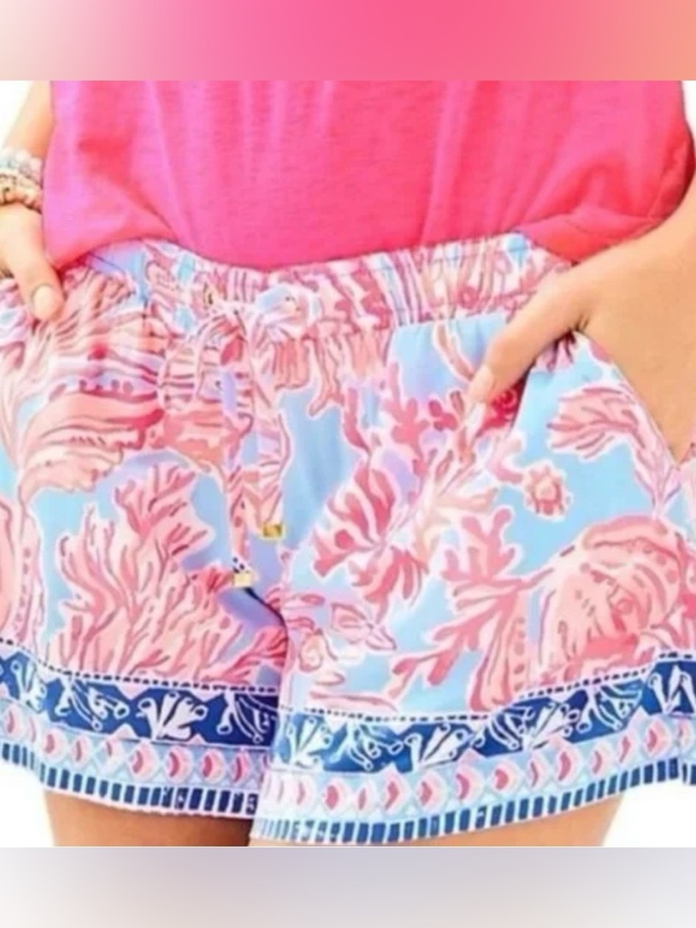 Lilly Pulitzer Katia Pink and Light Blue Printed Casual Drawstring Shorts